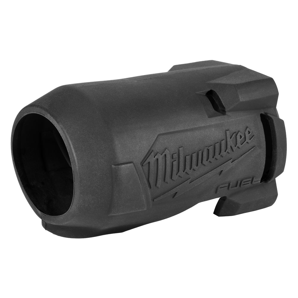 Black rubber protective boot with Milwaukee branding and slot openings for M18 FUEL impact driver.