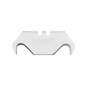 Silver hook utility knife blade with curved cutting edges and Milwaukee branding on top.