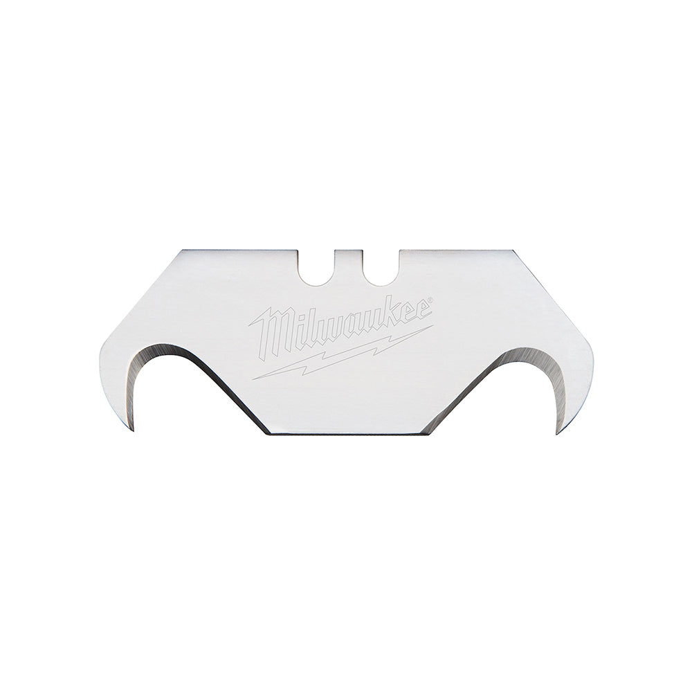 Silver hook utility knife blade with curved cutting edges and Milwaukee branding on top.