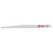 Milwaukee SAWZALL reciprocating saw blade with red tooth pattern and mounting tang against white background.