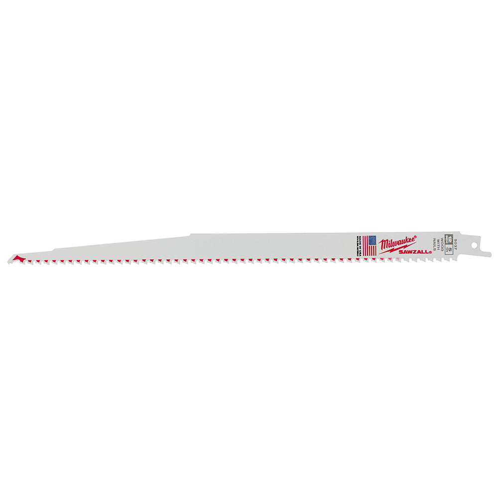 Milwaukee 12-inch SAWZALL reciprocating saw blade with red-painted teeth and mounting tang.