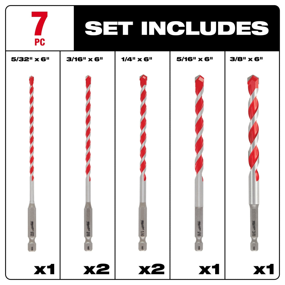 Seven red and silver carbide hammer drill bits in varying sizes from 5/32" to 3/8" diameter, each 6" long.