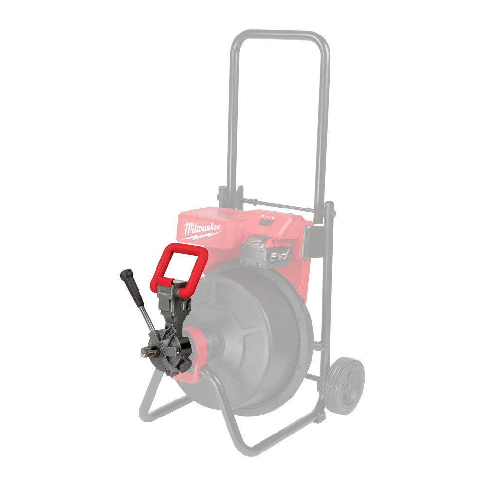 Black cable drive assembly with red mounting bracket and hand crank lever for Milwaukee M18 drum machine.