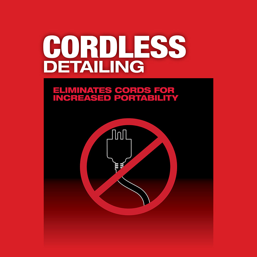 Red and black promotional graphic with "Cordless Detailing" text and no-plug symbol on red background.