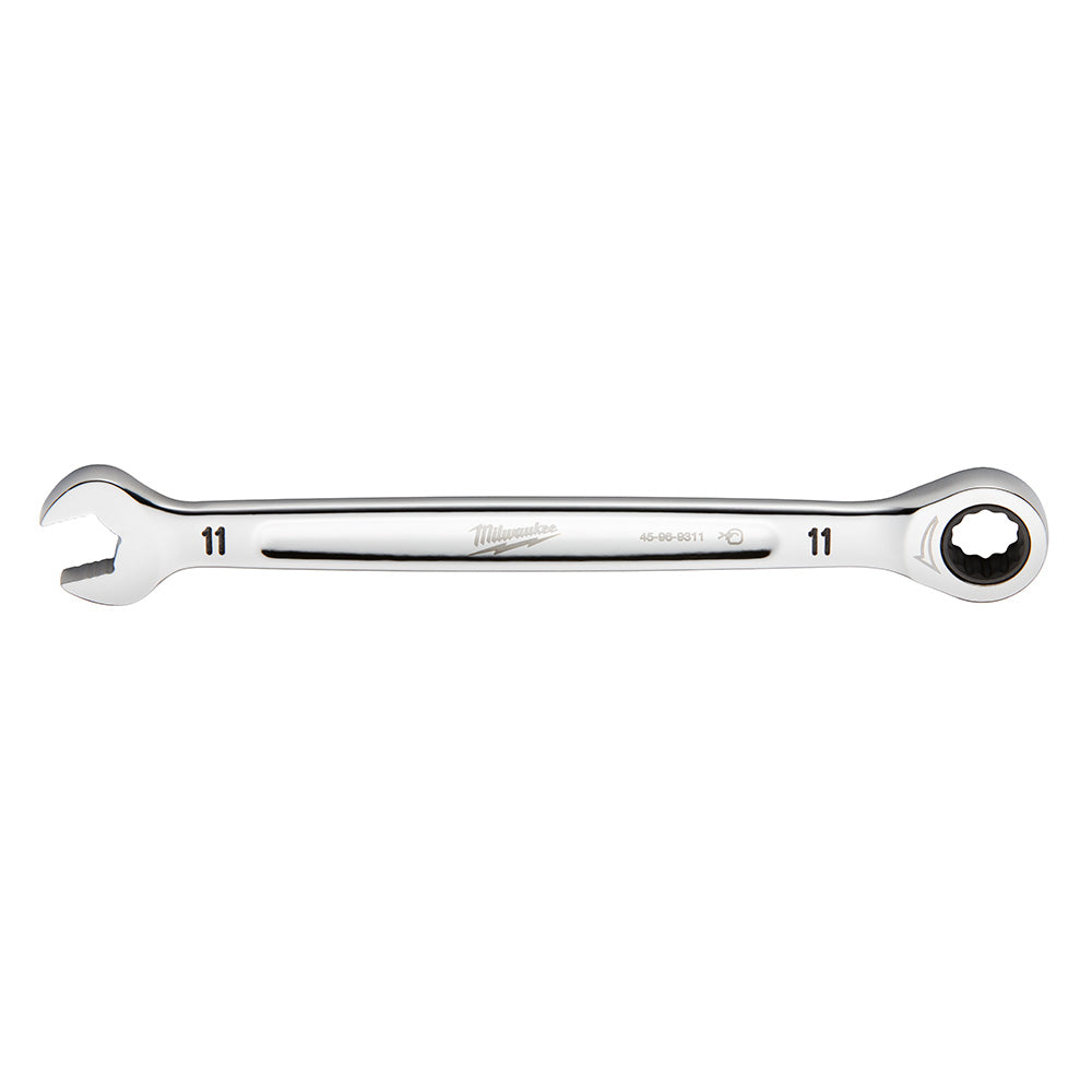 11mm metric ratcheting combination wrench with open end on left and ratchet head on right.