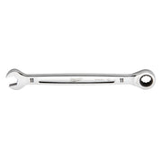 11mm metric ratcheting combination wrench with open end on left and ratchet head on right.