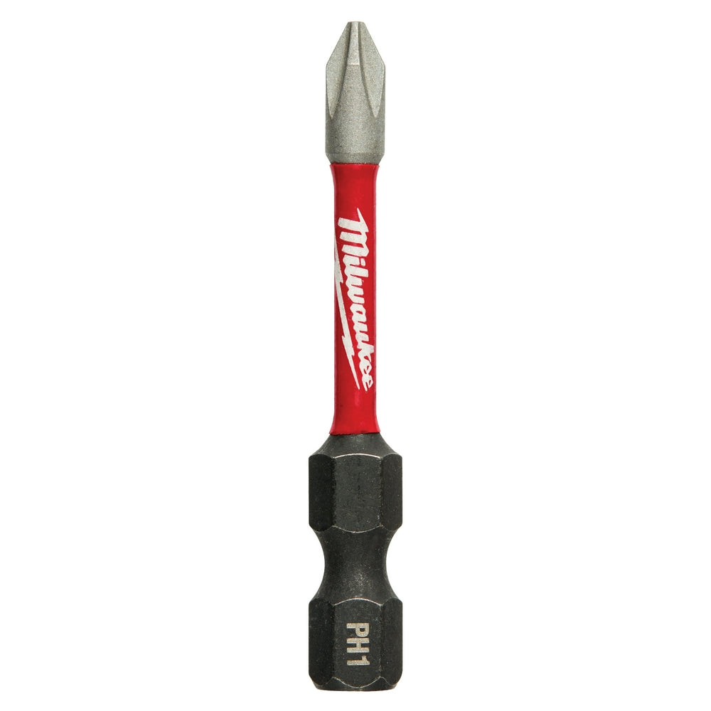 Milwaukee Shockwave 2-inch Phillips #1 impact power bit with red sleeve and black hexagonal end.