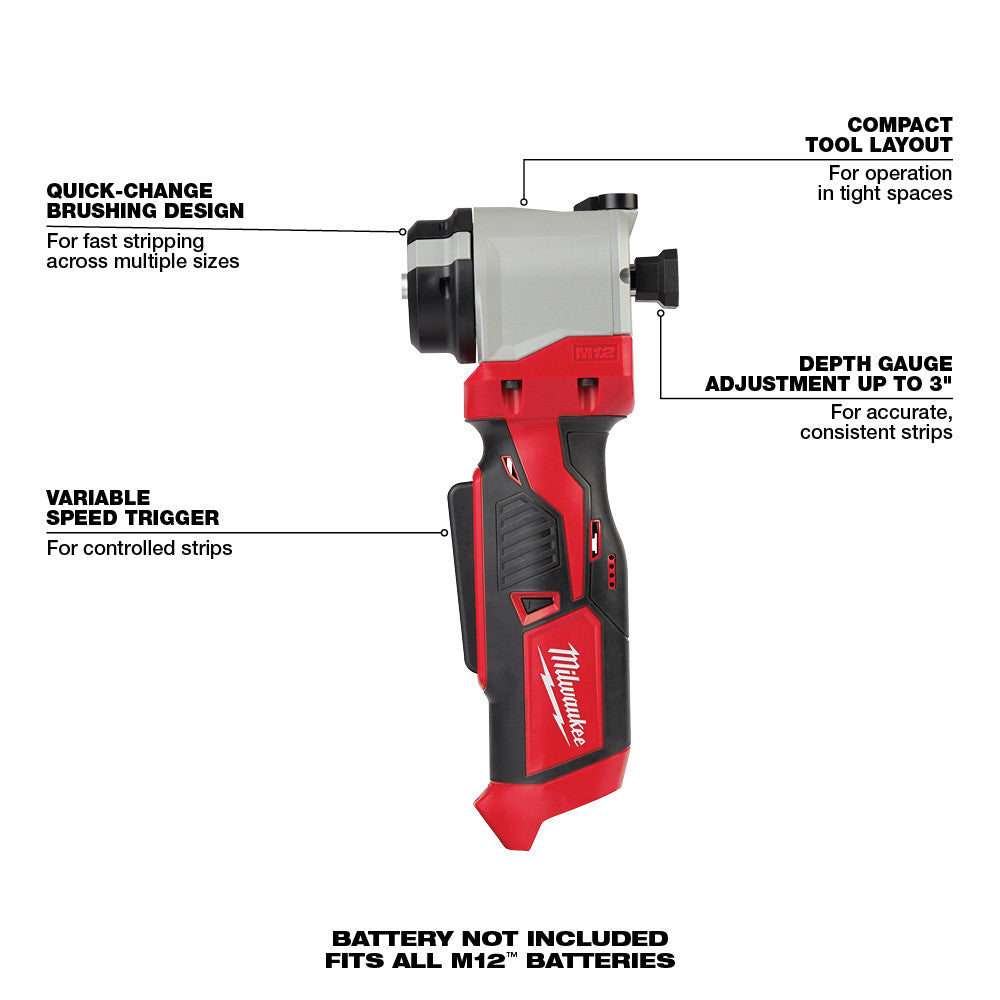 Milwaukee M12 cable stripper with red and black body, white head unit, variable speed trigger, and depth gauge adjustment dia
