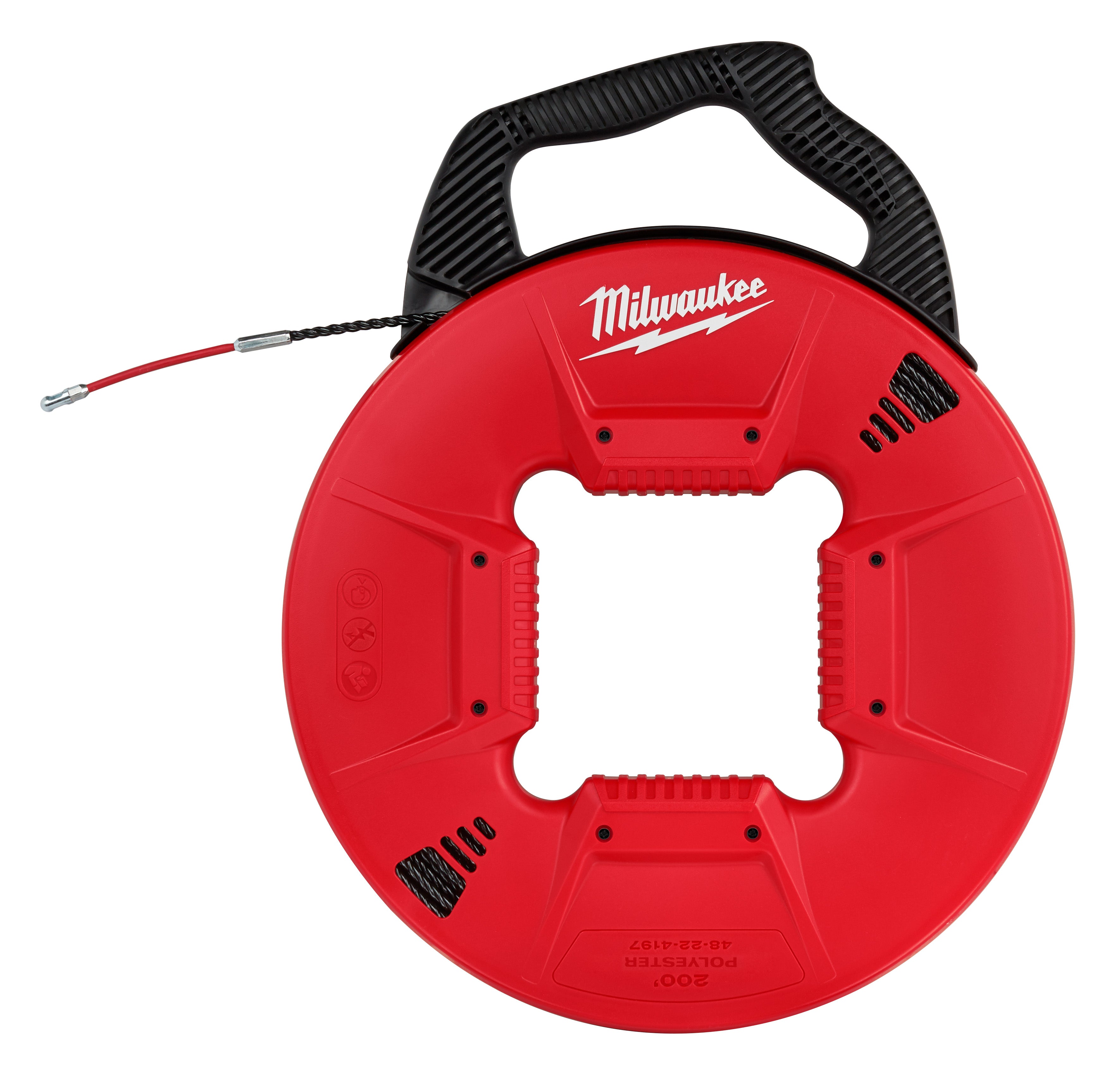 Red circular fish tape reel with black handle and metal leader extending from top.