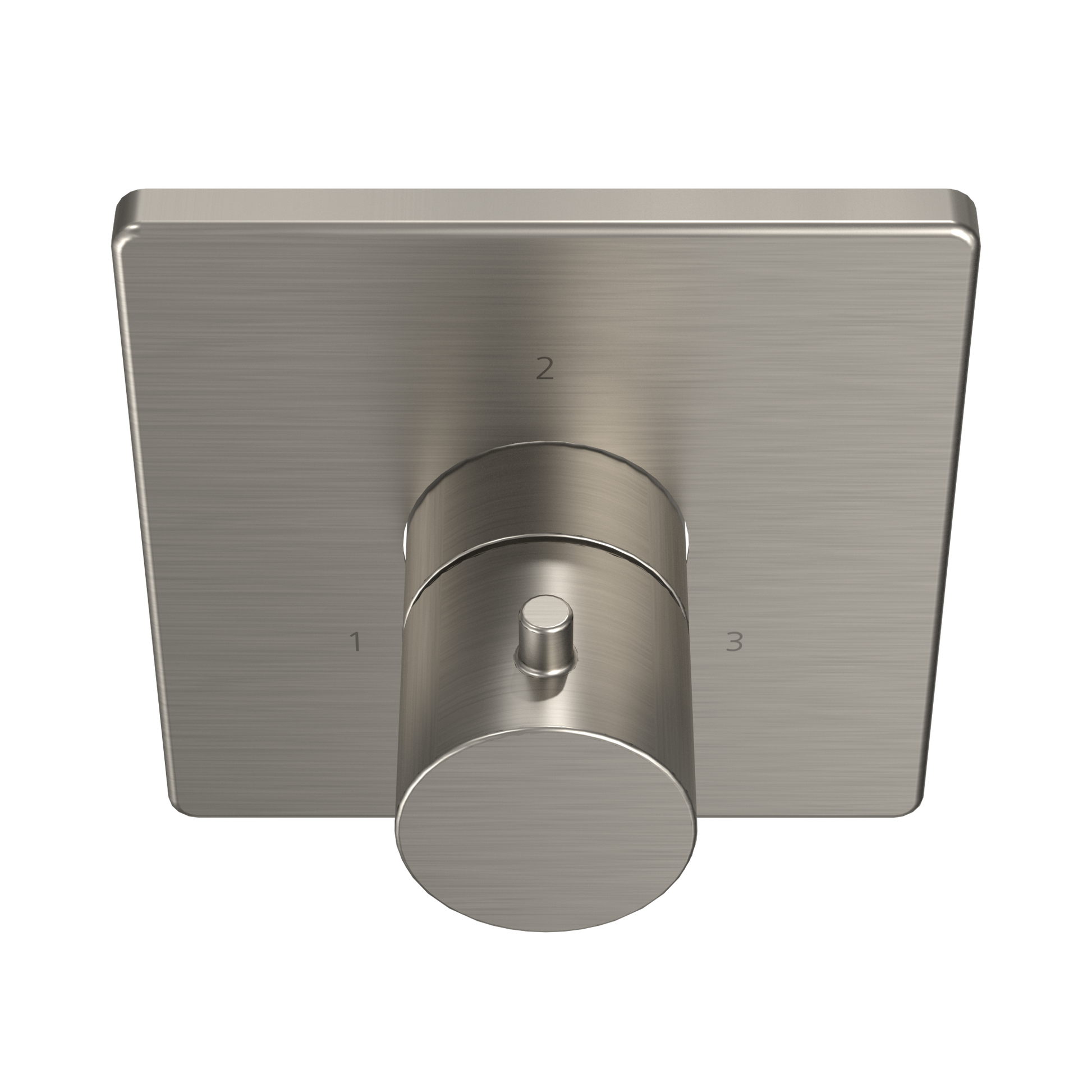 Brushed nickel square diverter valve trim with three-way selector dial and numbered outlet ports.