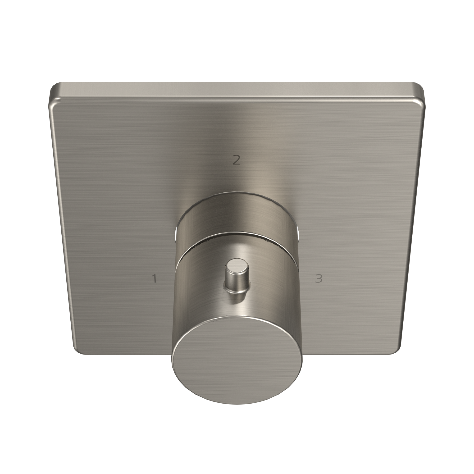 Brushed nickel square diverter valve trim with three-way selector dial and numbered outlet ports.