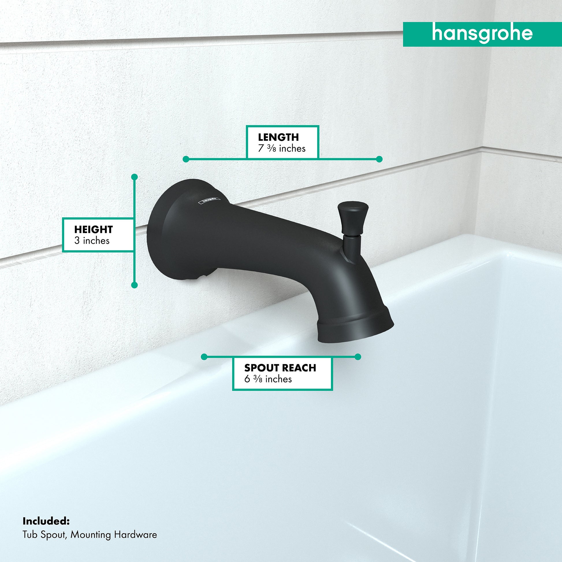 Matte black curved tub spout with diverter lever and mounting hardware, 7 5/8 inches long.