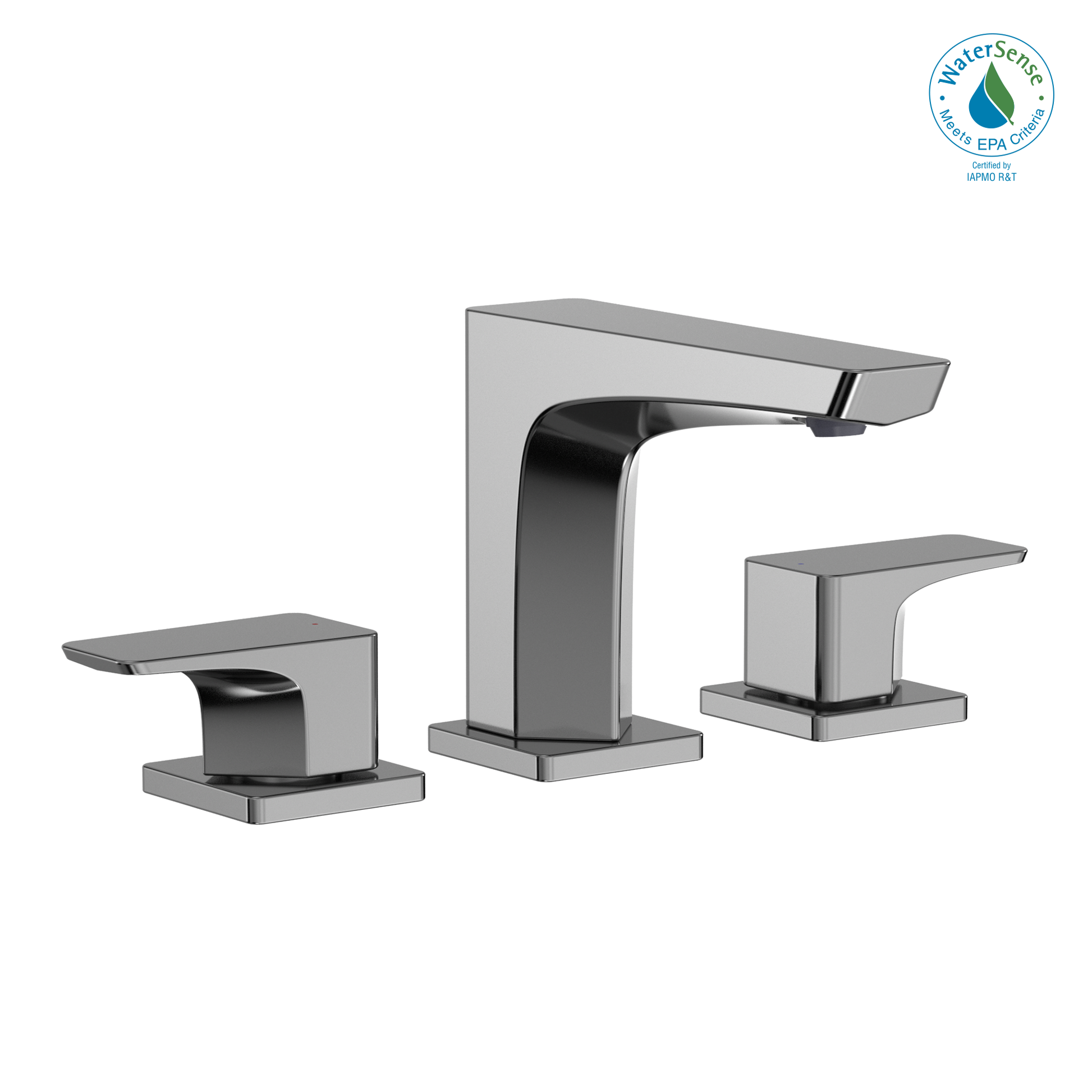 Polished chrome two-handle widespread bathroom sink faucet with rectangular spout and square handles.