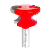 Red and gray router bit with rounded pull handle design and cylindrical shank marked "Freud."