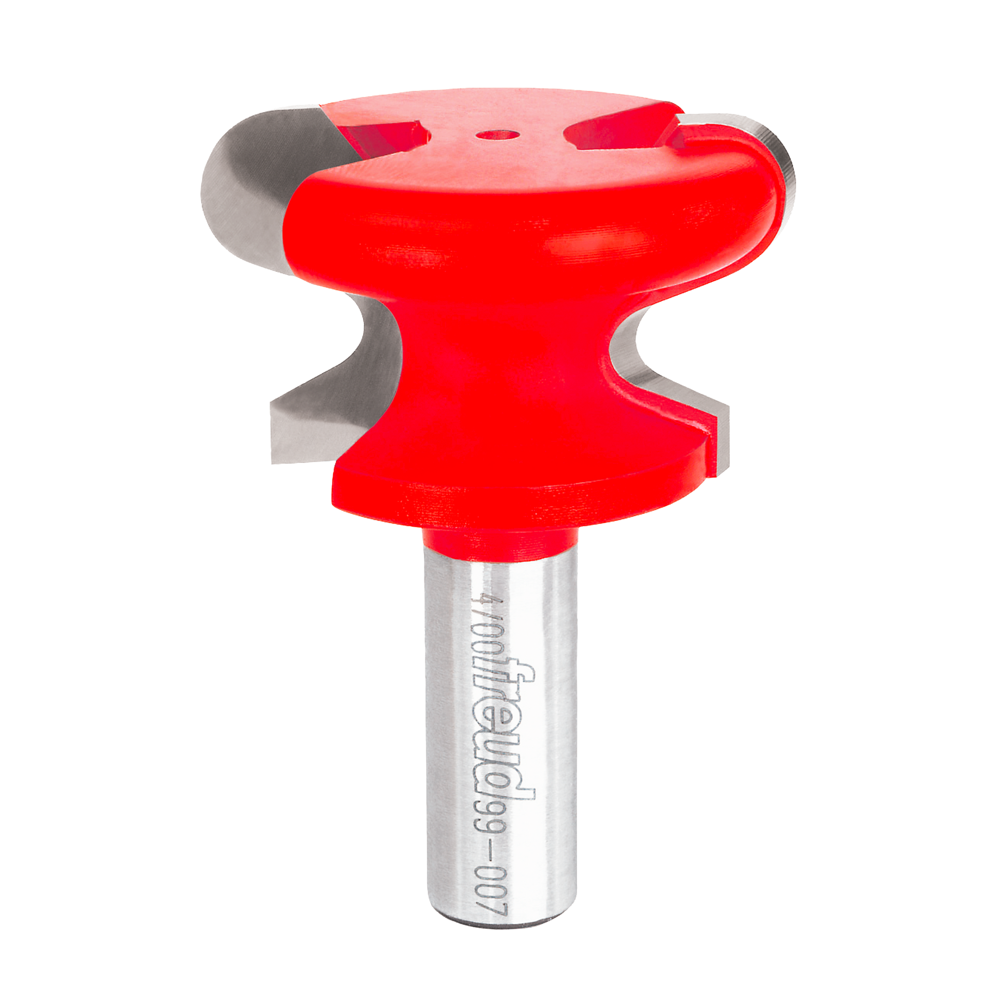Red and gray router bit with rounded pull handle design and cylindrical shank marked "Freud."