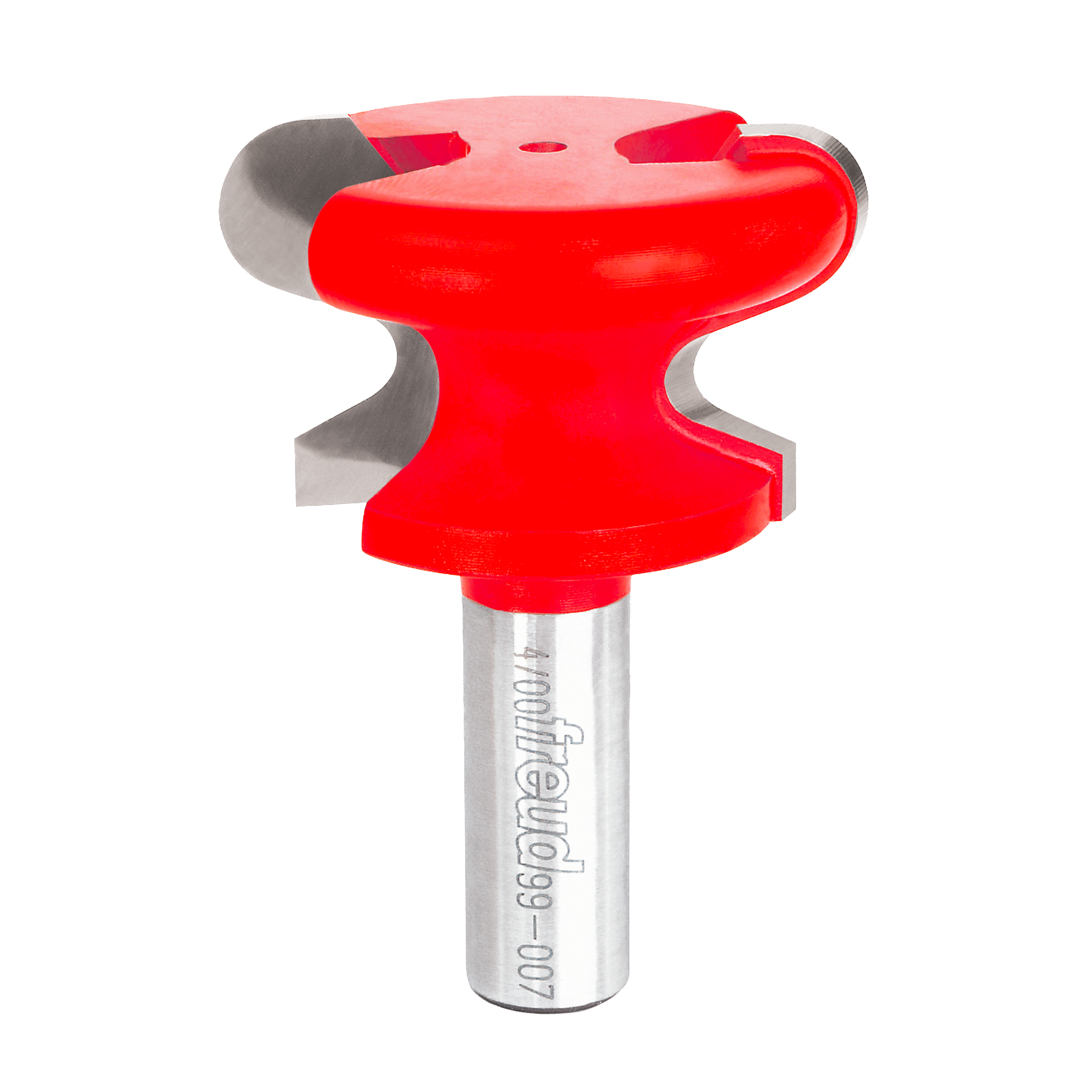 Red and gray router bit with rounded pull handle design and cylindrical shank marked "Freud."