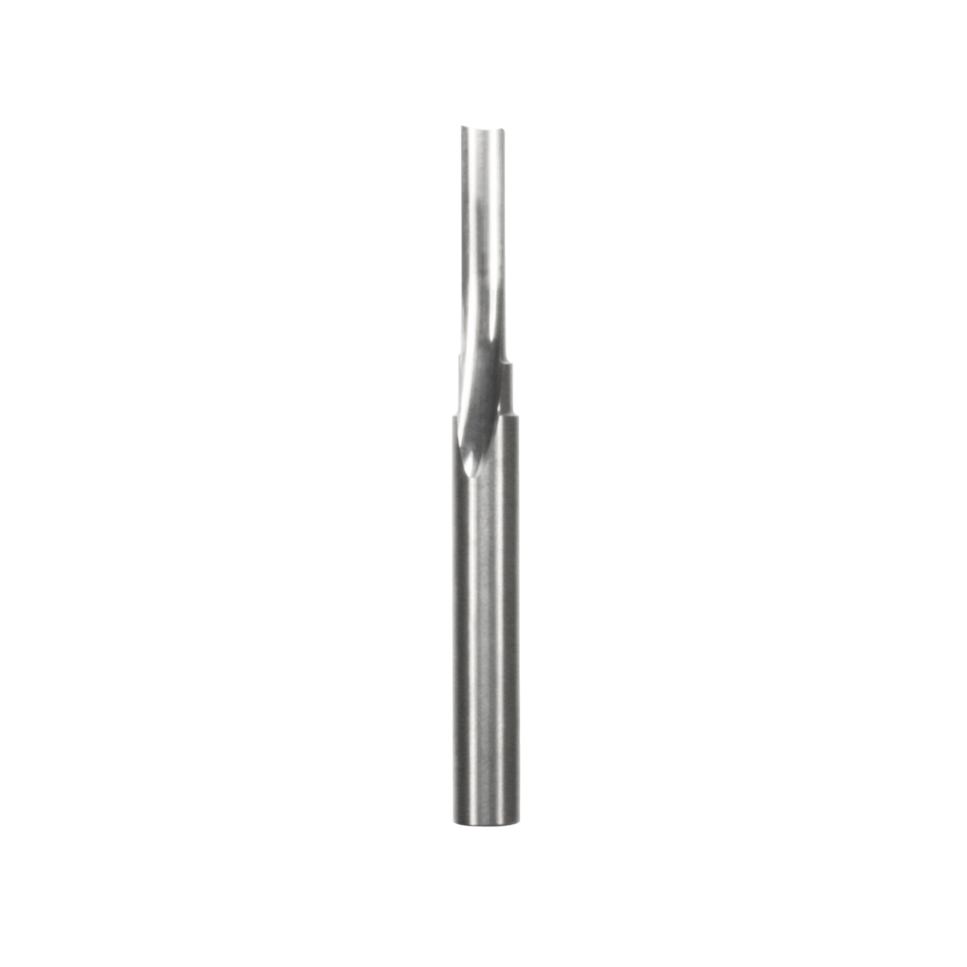 Silver straight router bit with single flute cutting edge and cylindrical shank.