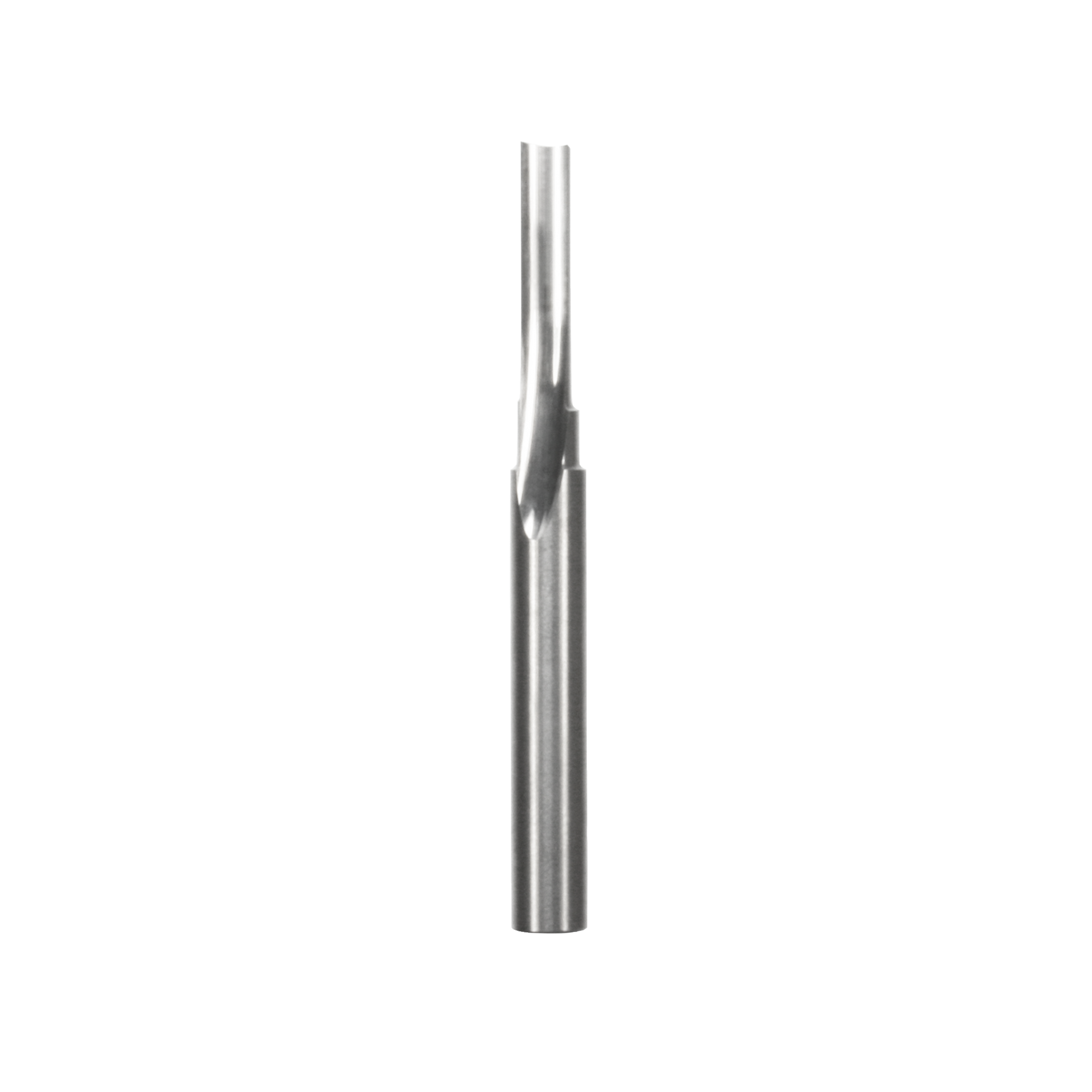 Silver straight router bit with single flute cutting edge and cylindrical shank.