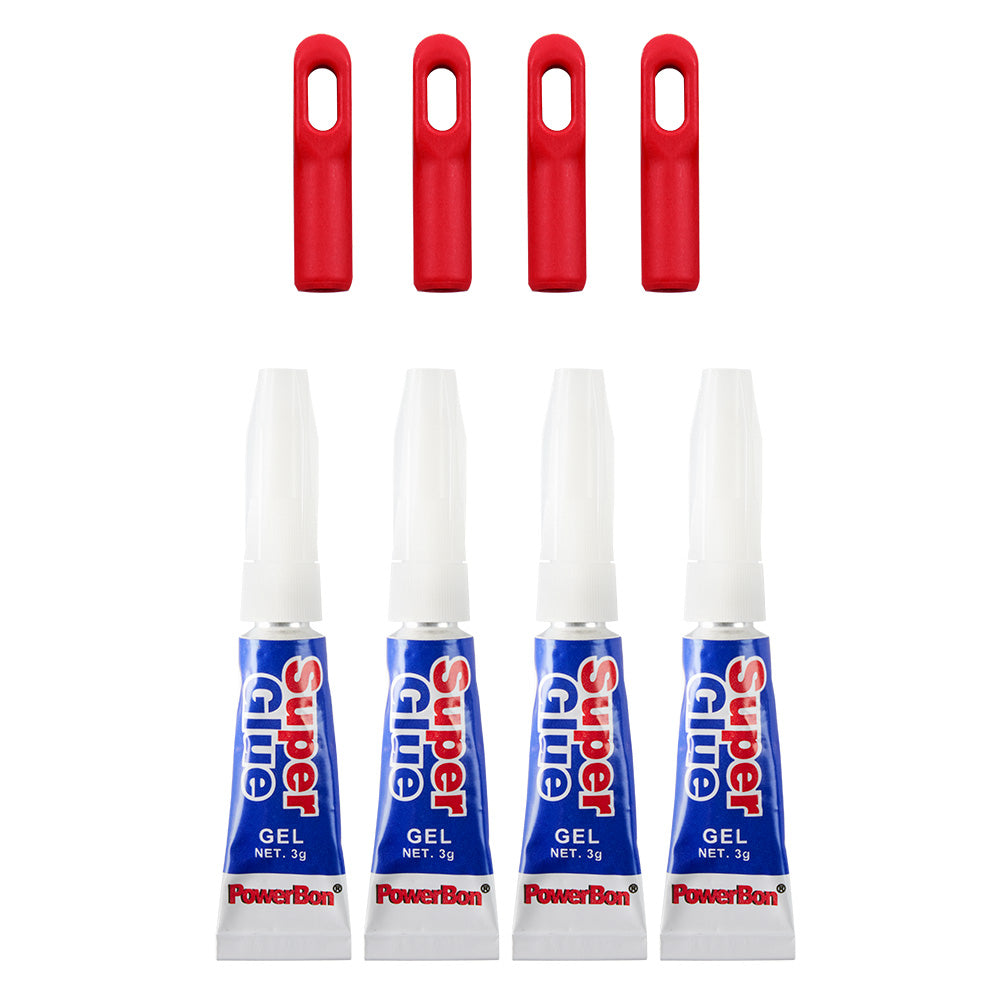 Four red polyester fish tape replacement tips with loop ends and four tubes of Super Glue gel.