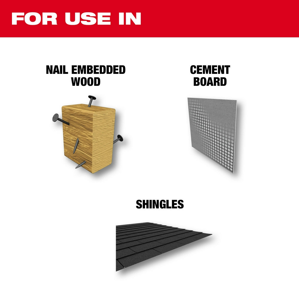 Three 12-inch carbide SAWZALL blades with 5 teeth per inch, shown with application examples of nail-embedded wood, cement boa