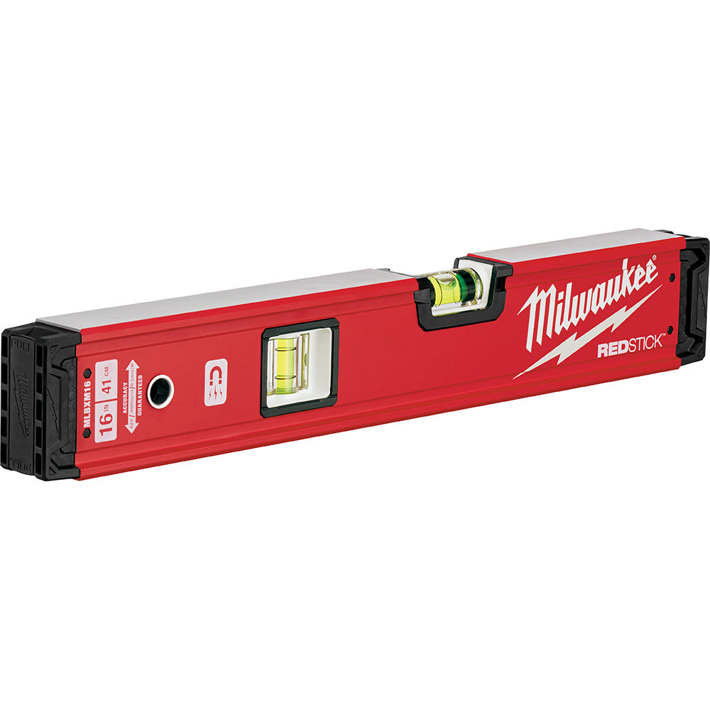 Red Milwaukee REDSTICK box level with black end caps, magnetic top, and yellow bubble vials visible on the side.