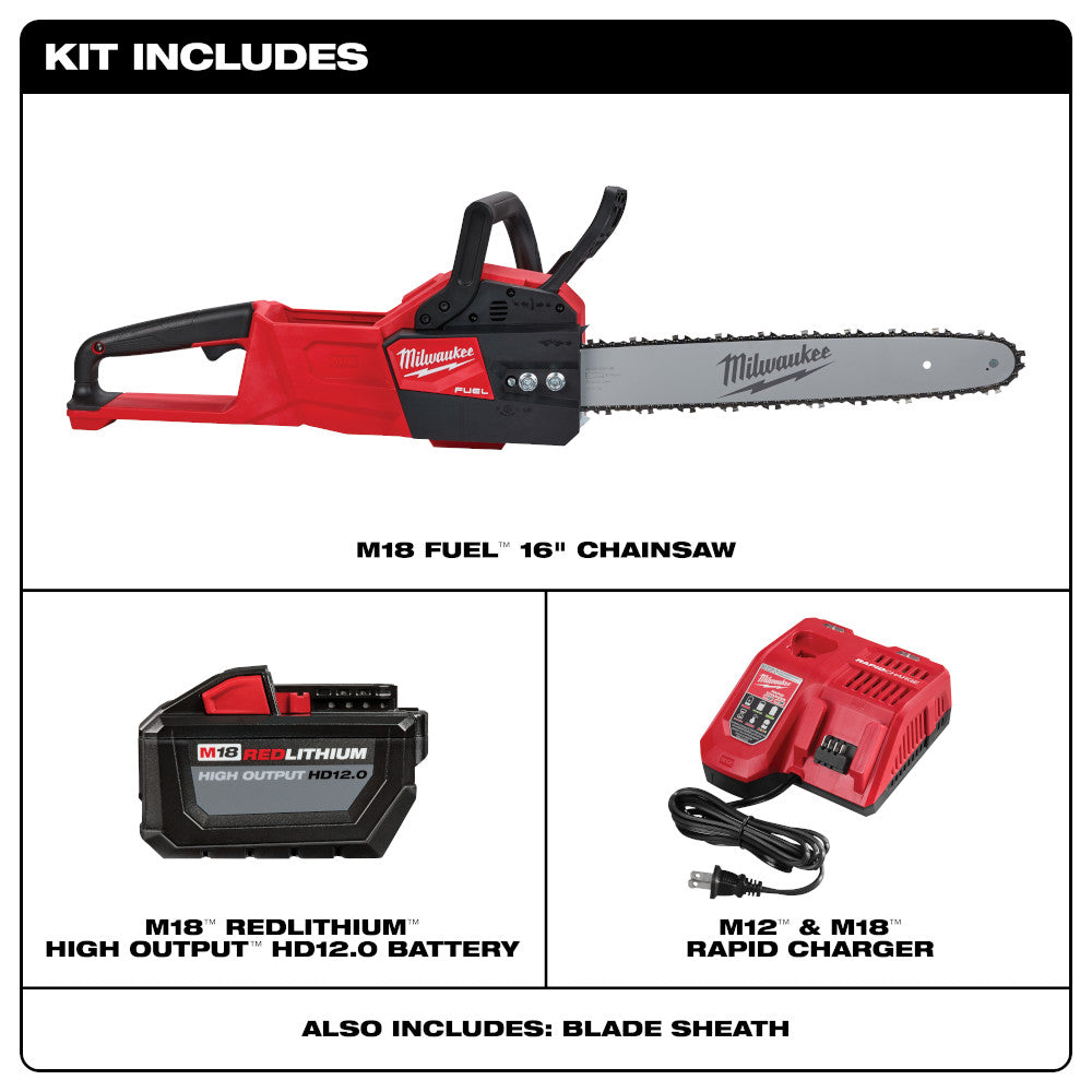 Milwaukee M18 FUEL 16-inch chainsaw with red and black housing, 12.0 battery, dual charger, and blade sheath included.