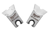 Milwaukee 49-16-W161 metal die with jaw-shaped ends and circular cutout, shown from two angles.