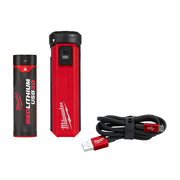 Milwaukee REDLITHIUM USB charger with cylindrical battery, red and black portable power bank, and braided USB charging cable.
