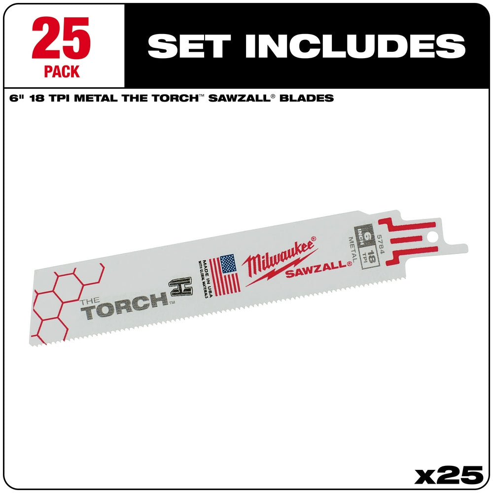 Milwaukee THE TORCH 6 inch reciprocating saw blade with 18 teeth per inch for metal cutting, 25-pack.