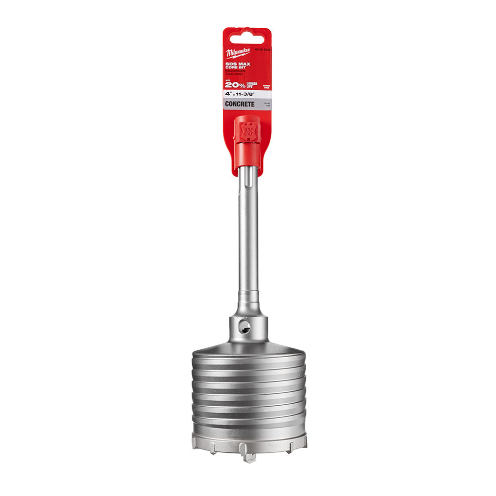Milwaukee SDS-Max concrete core drill bit with red plastic shank and metal cutting head, packaged in red cardboard holder.