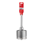 Milwaukee SDS-Max concrete core drill bit with red plastic shank and metal cutting head, packaged in red cardboard holder.