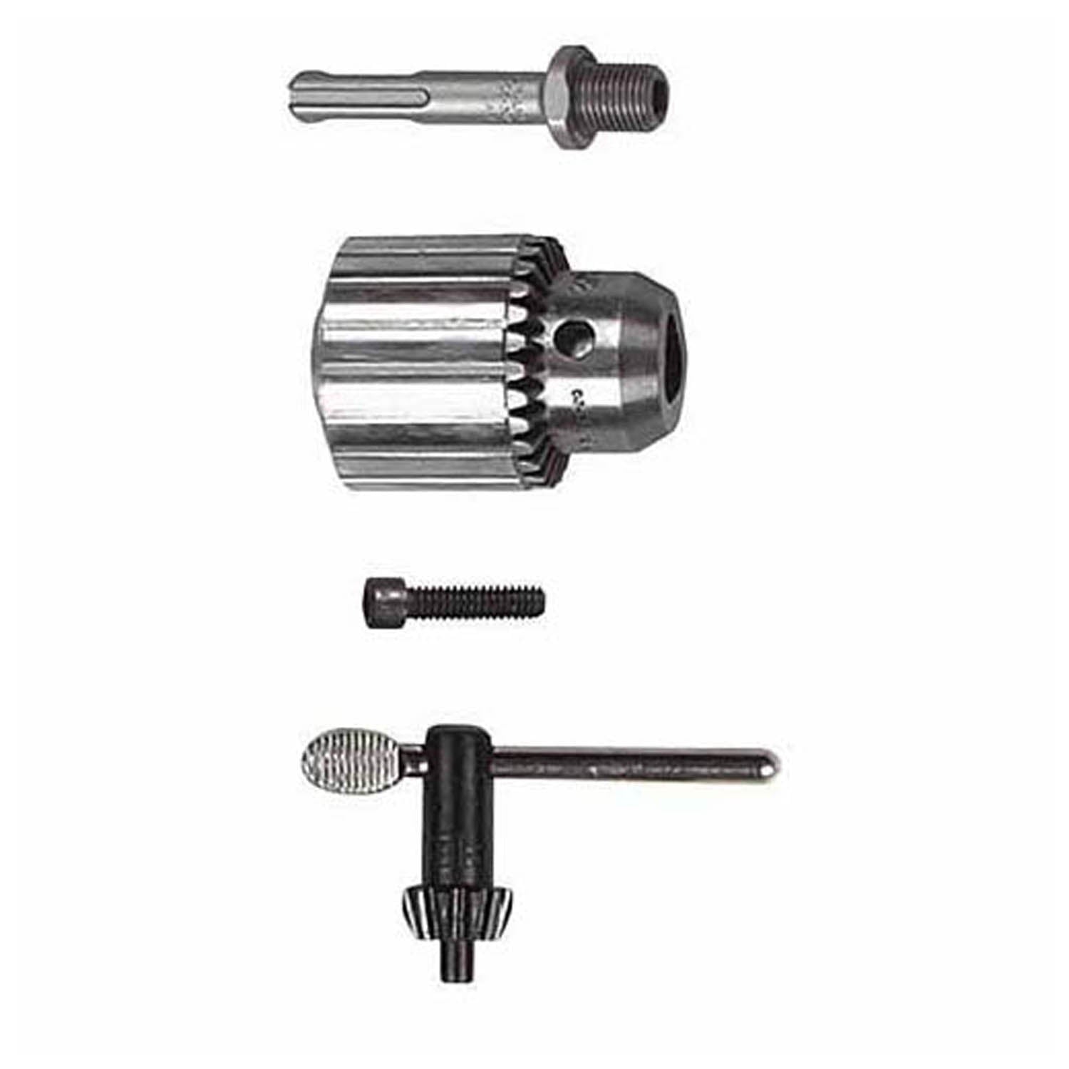 Milwaukee SDS/chuck adapter kit components including shaft, drill chuck, screw, and T-handle wrench.