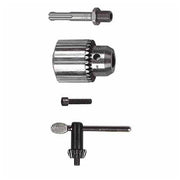 Milwaukee SDS/chuck adapter kit components including shaft, drill chuck, screw, and T-handle wrench.
