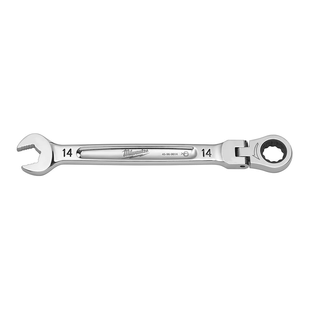 Milwaukee 14mm flex head ratcheting combination wrench with open end on left and ratchet socket on right.