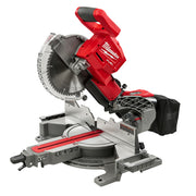 Red and black Milwaukee M18 FUEL dual bevel sliding compound miter saw with circular blade and gray base.