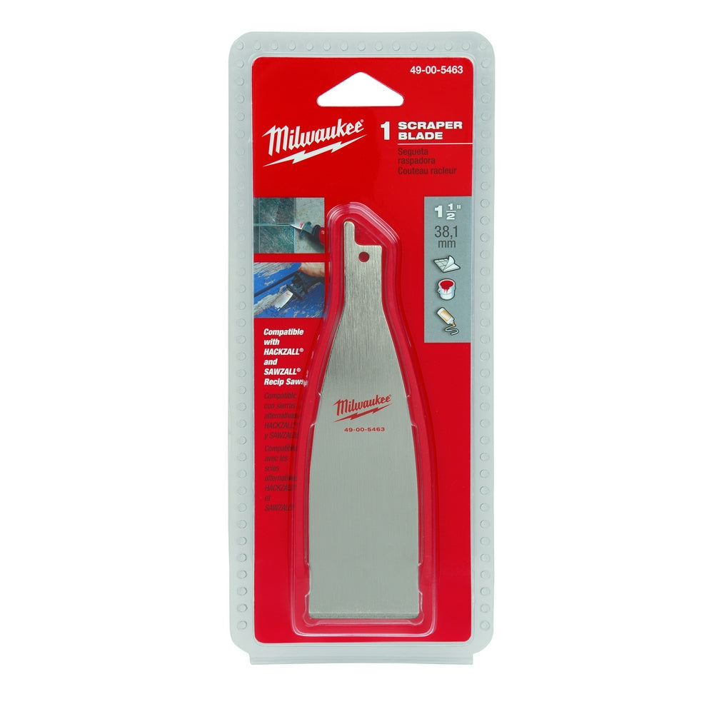 Milwaukee 1-1/2 in. scraper blade with gray handle on red and clear packaging.
