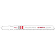 Milwaukee 5311 bi-metal jig saw blade with teeth along bottom edge and red stripe branding on shaft.
