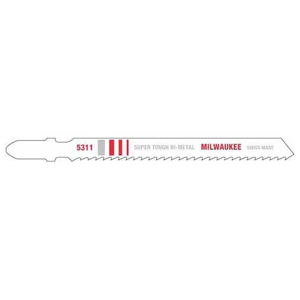 Milwaukee 5311 bi-metal jig saw blade with teeth along bottom edge and red stripe branding on shaft.