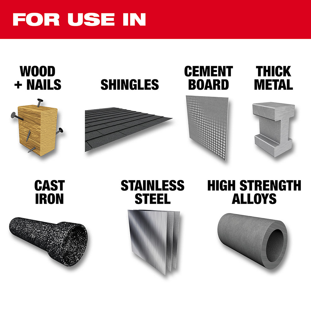 Five carbide teeth SAWZALL blades displayed with red banner showing compatible materials: wood with nails, shingles, cement b