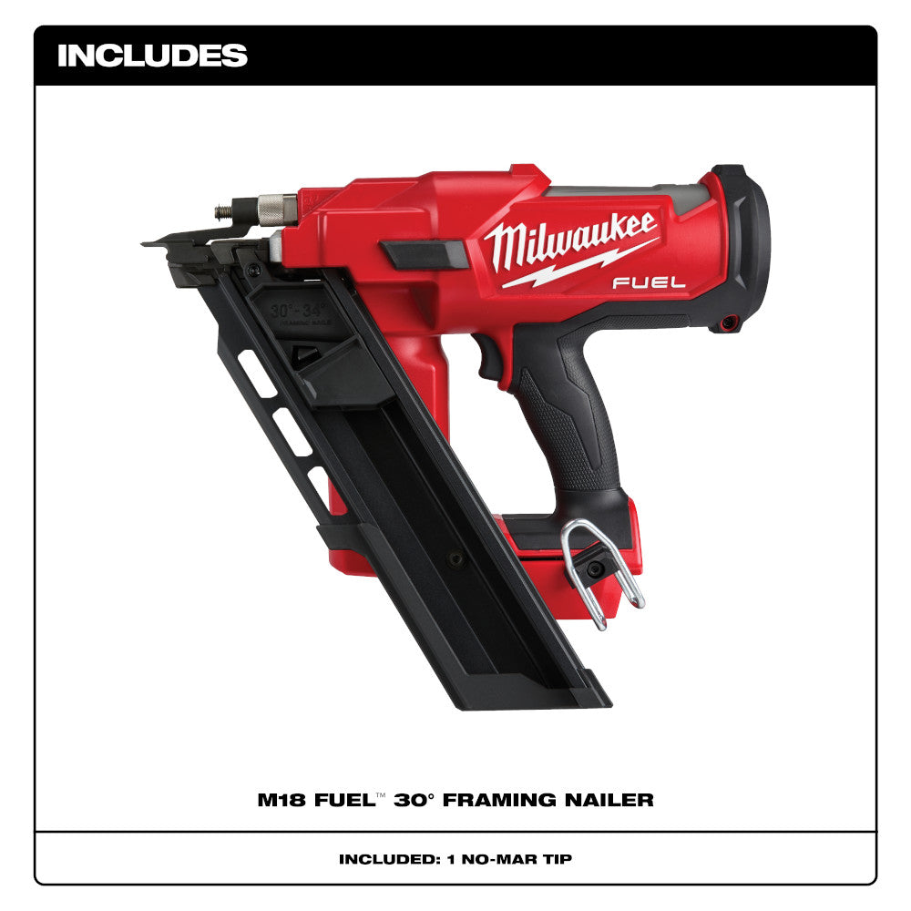 Red and black Milwaukee M18 FUEL 30-degree framing nailer with angled black magazine and grip handle.