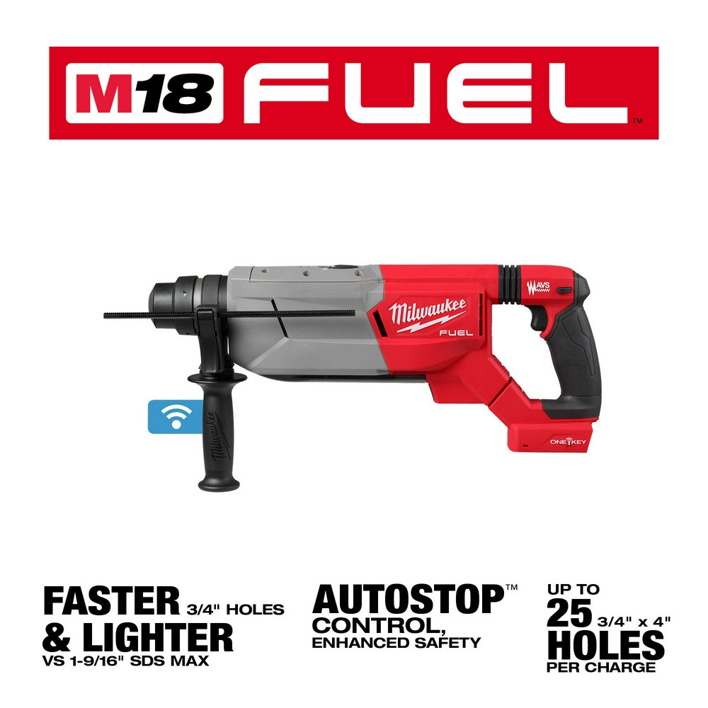 Red and black Milwaukee M18 FUEL rotary hammer with SDS Plus chuck, D-handle, and ONE-KEY wireless connectivity icon visible.