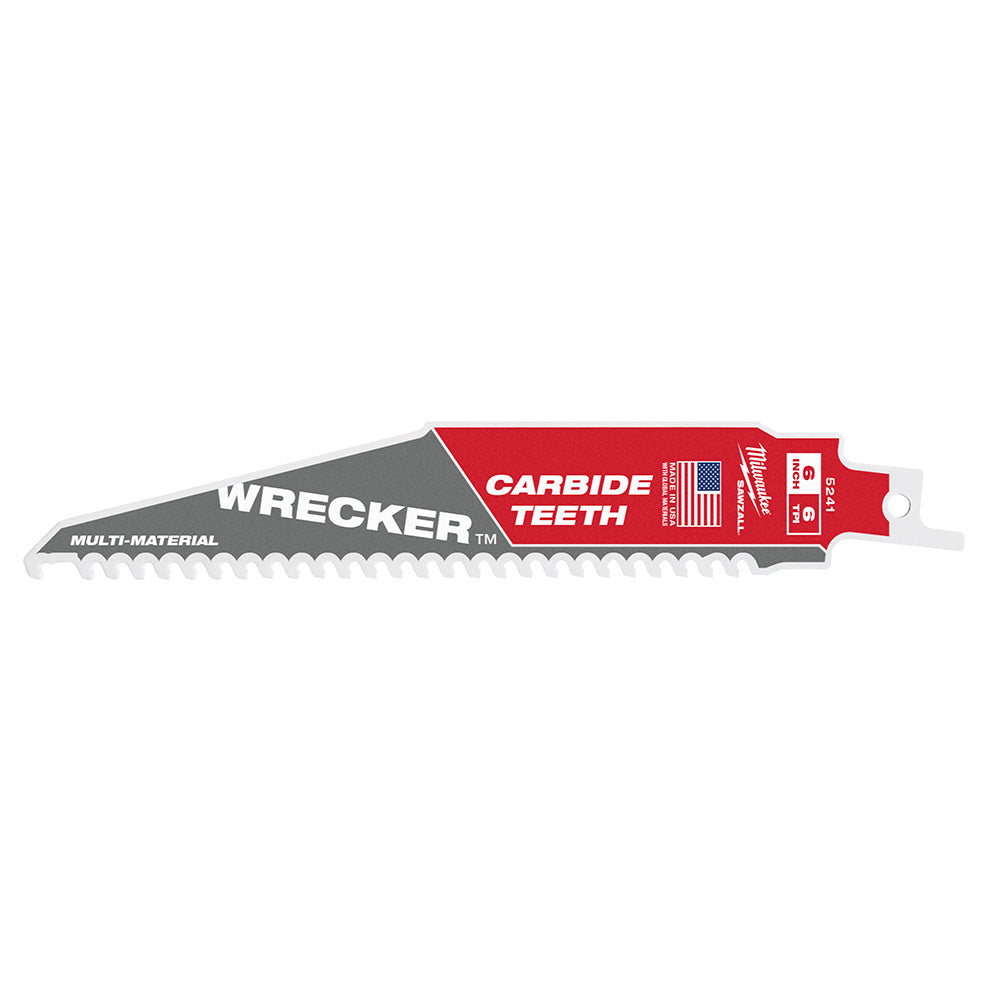 Milwaukee 6" WRECKER reciprocating saw blade with carbide teeth and red packaging label.