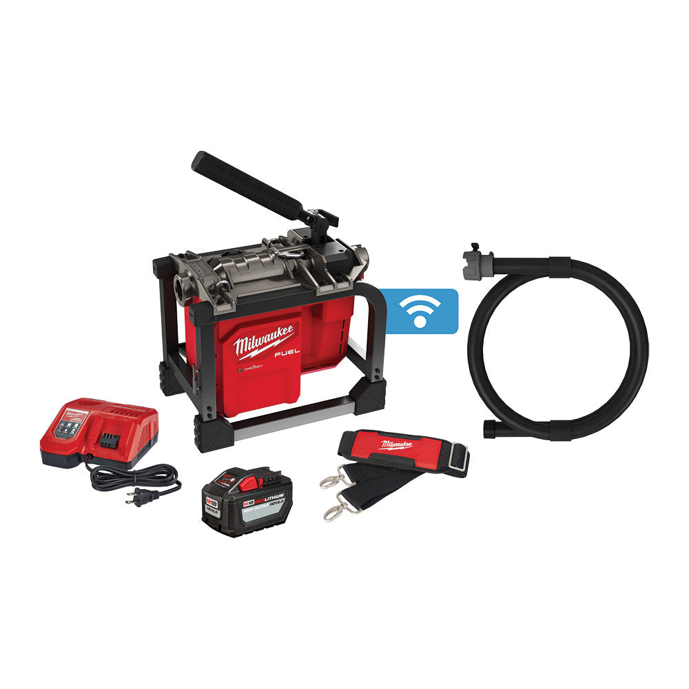 Milwaukee M18 FUEL sectional cable machine with charger, battery, cable guide, and tool belt.