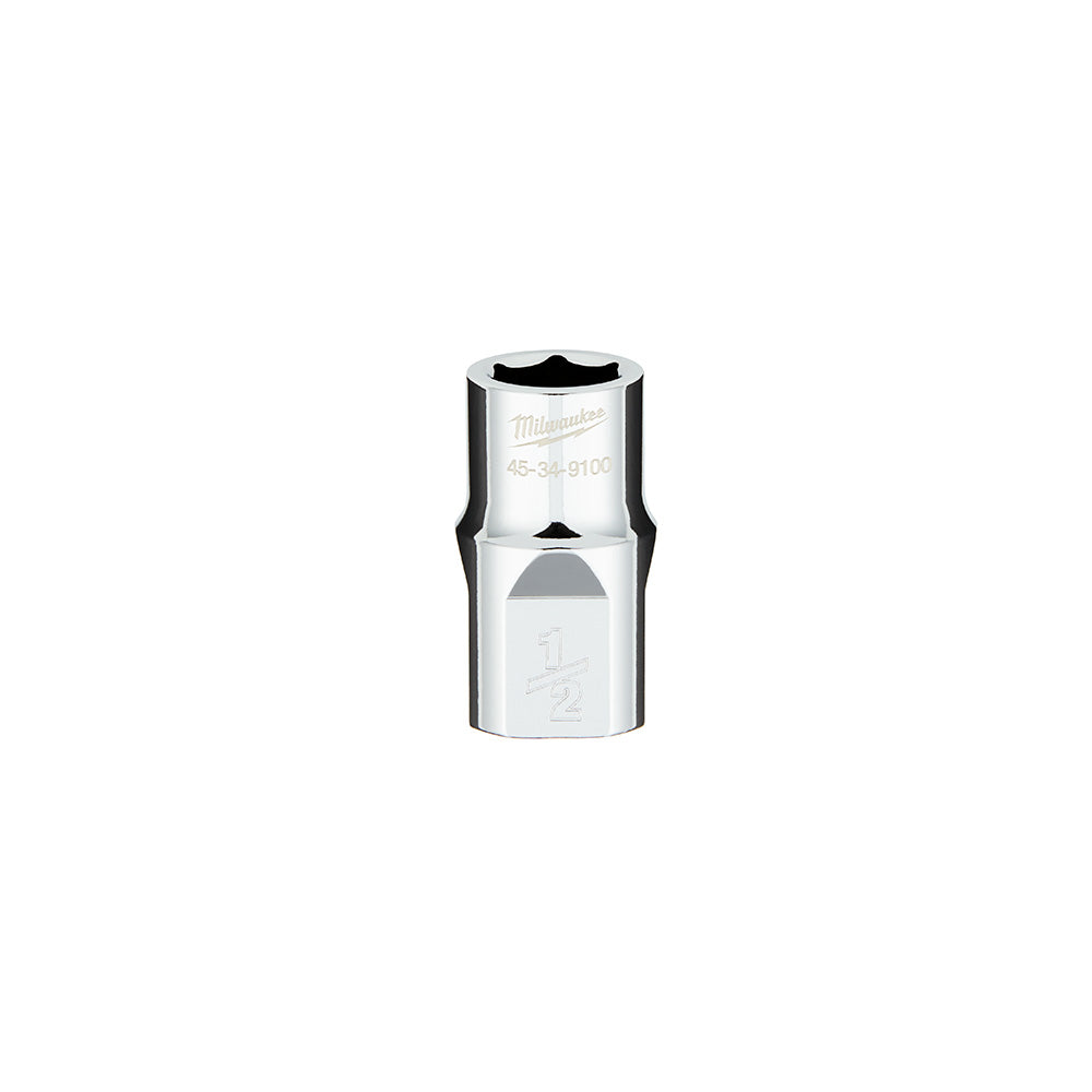 Milwaukee 1/2 inch drive socket with 6-point hexagonal opening and flat sides on cylindrical chrome body.