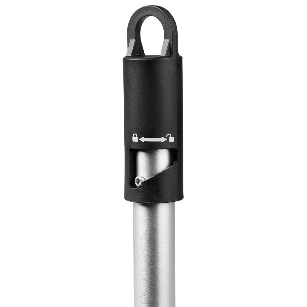 Black plastic and metal attachment hanger with loop handle and quick-lock mechanism for tool mounting.