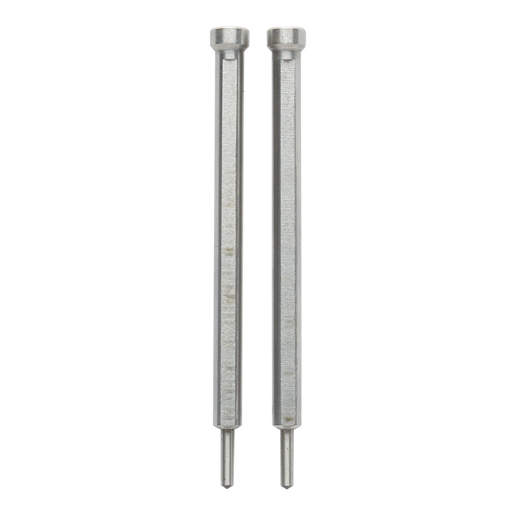 Two metal retractable pins with cylindrical bodies and pointed tips.