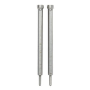 Two metal retractable pins with cylindrical bodies and pointed tips.