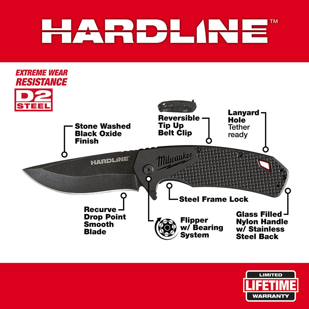 Milwaukee Hardline pocket knife with black oxide smooth blade, steel frame lock, glass-filled nylon handle, and reversible be