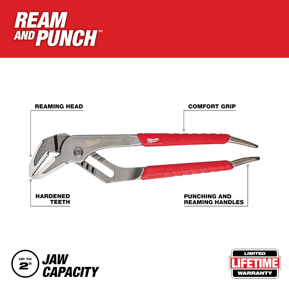 Milwaukee straight-jaw pliers with metal reaming head, hardened teeth, and red comfort grip handles.