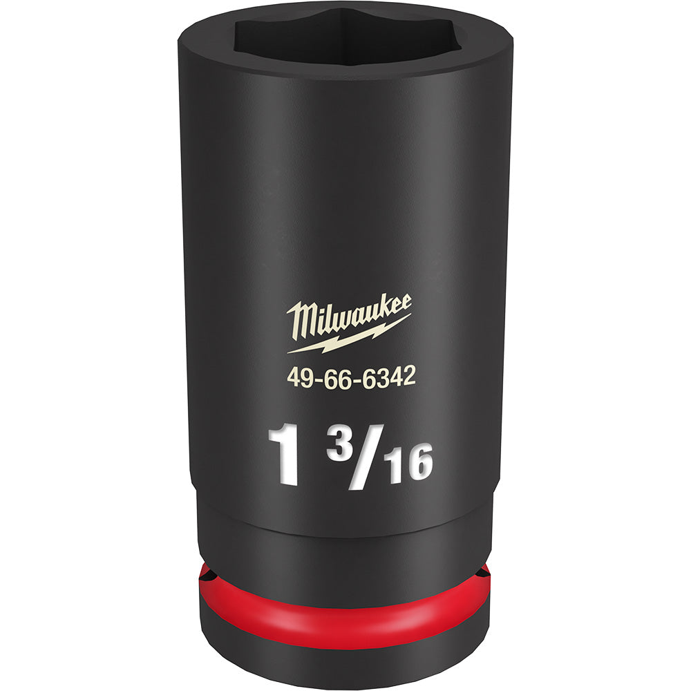 Black Milwaukee deep socket with 3/4" drive, 1 3/16" size, and red grip band at base.